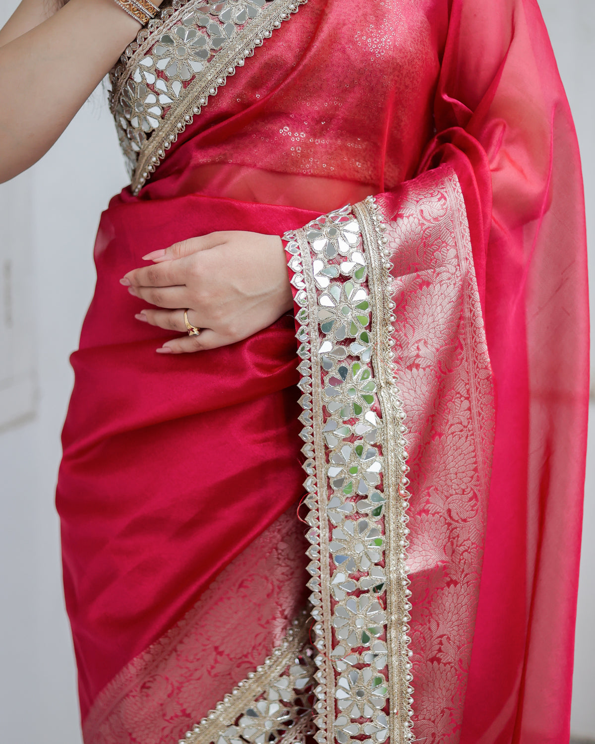 Banarasi Plain Tissue Saree with Lace Border - Magenta
