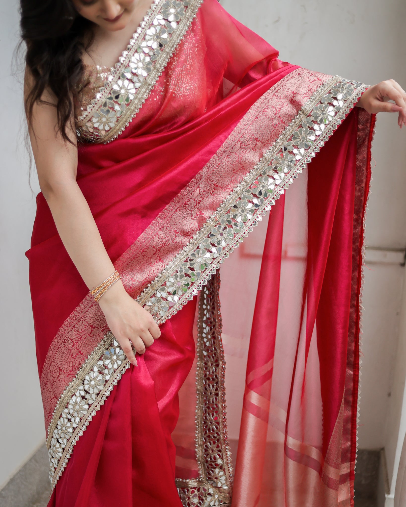 Banarasi Plain Tissue Saree with Lace Border - Magenta