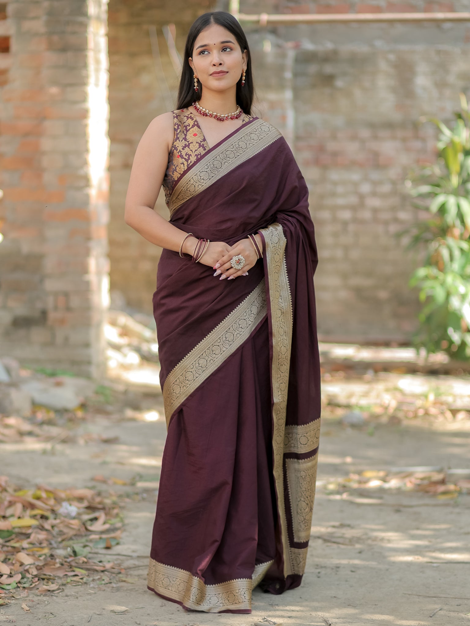 Banarasi Semi Silk Plain Saree With Weaving & Border- Wine