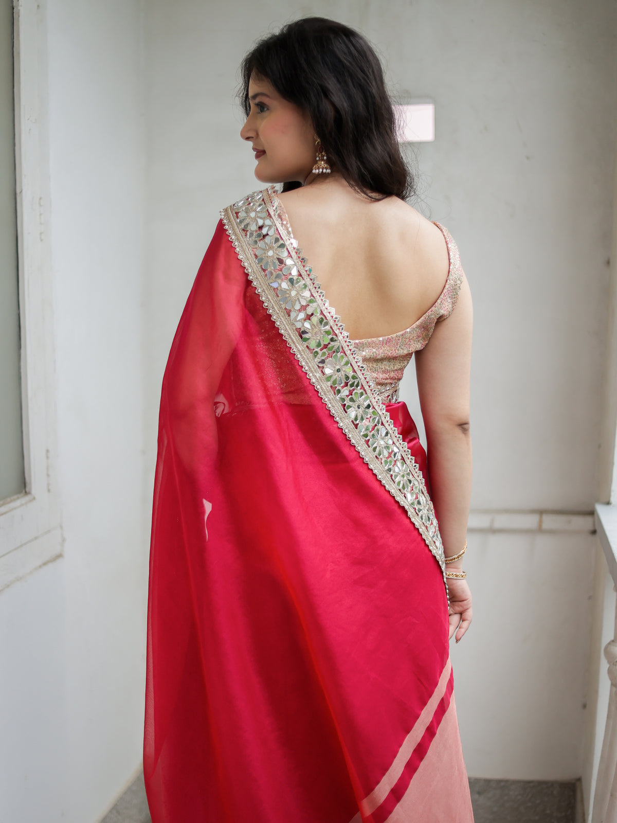 Banarasi Plain Tissue Saree with Lace Border - Magenta