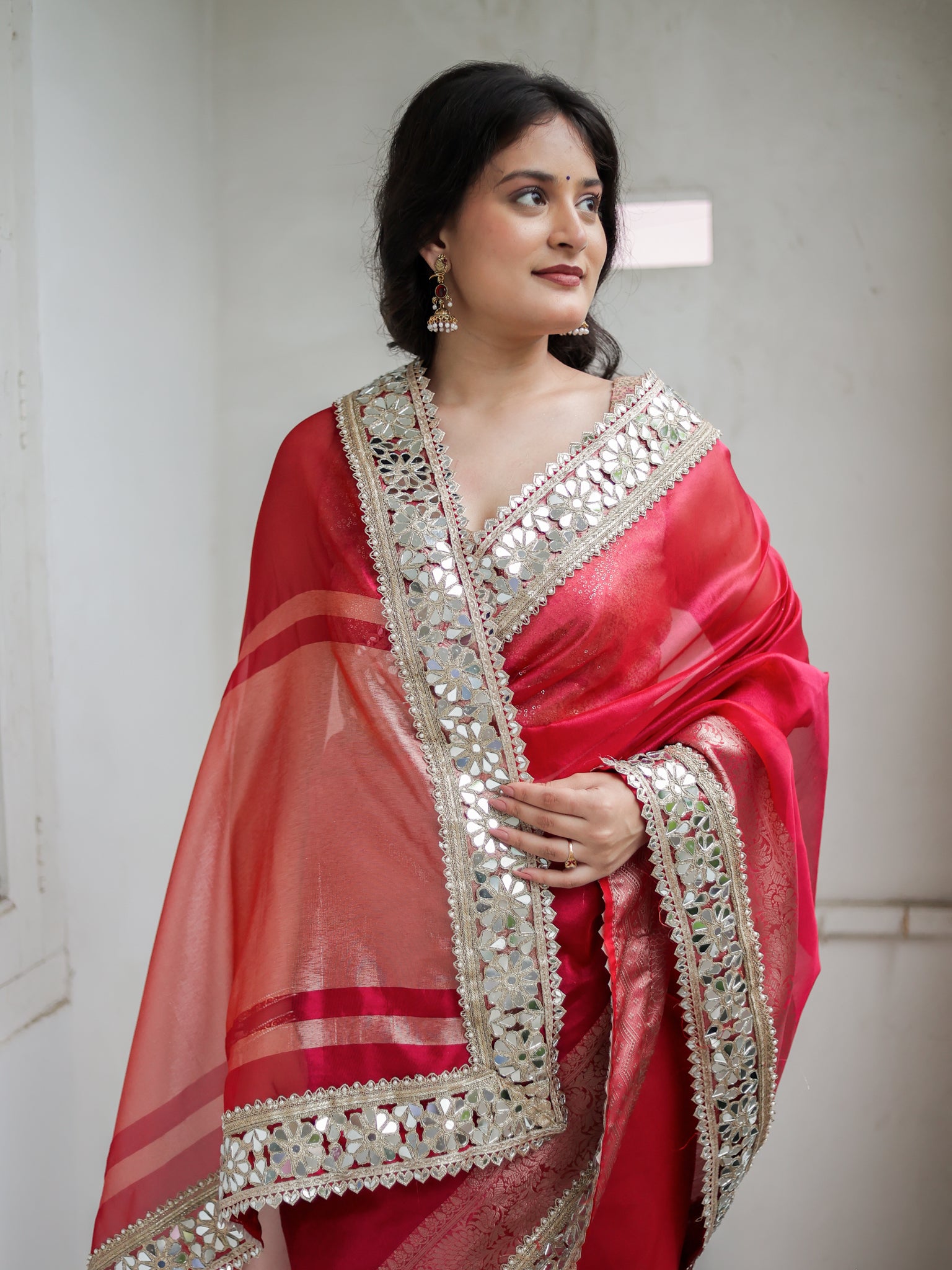 Banarasi Plain Tissue Saree with Lace Border - Magenta