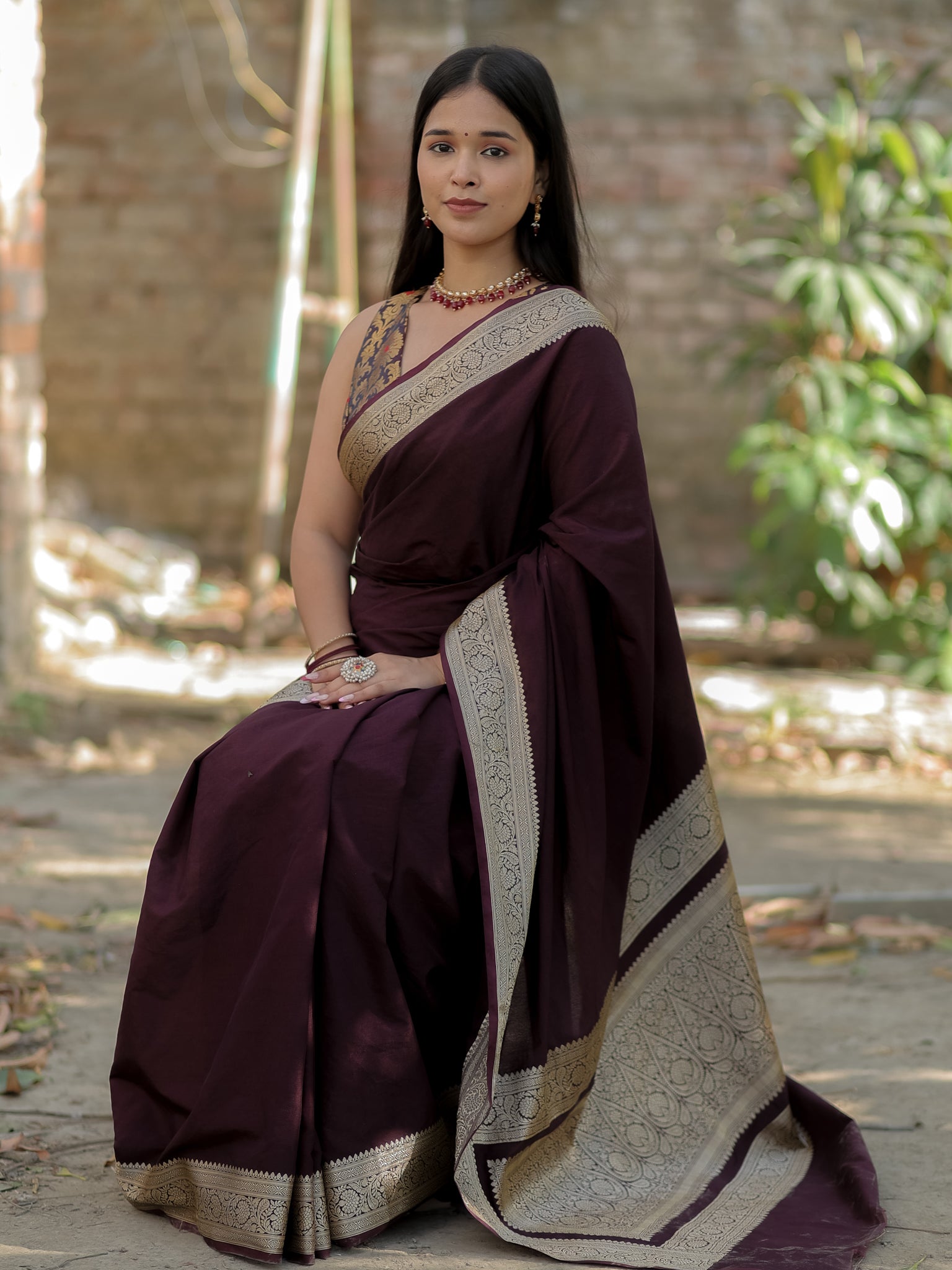Banarasi Semi Silk Plain Saree With Weaving & Border- Wine