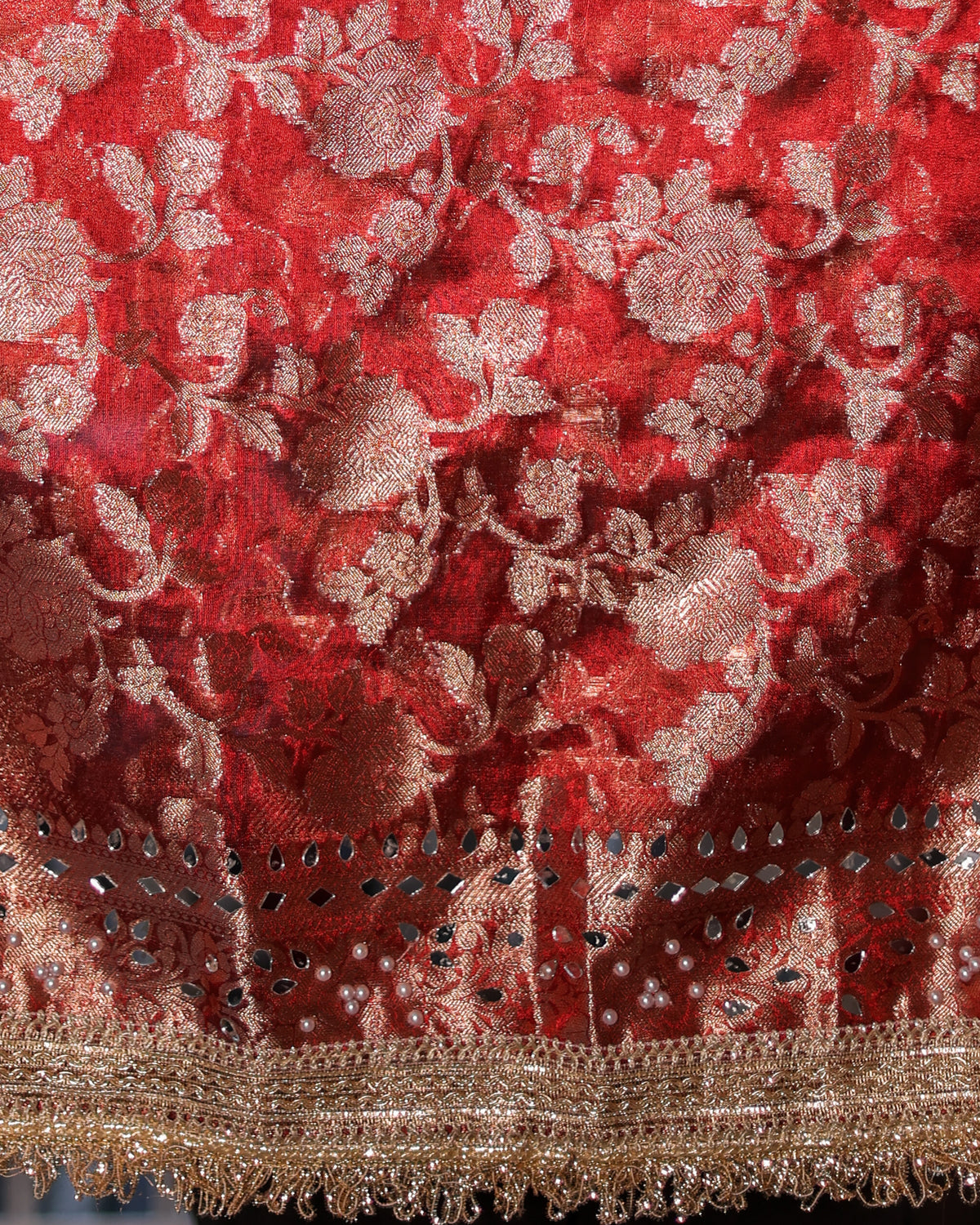 Banarasi Mirror Work Tissue Saree with Lace Border - Maroon