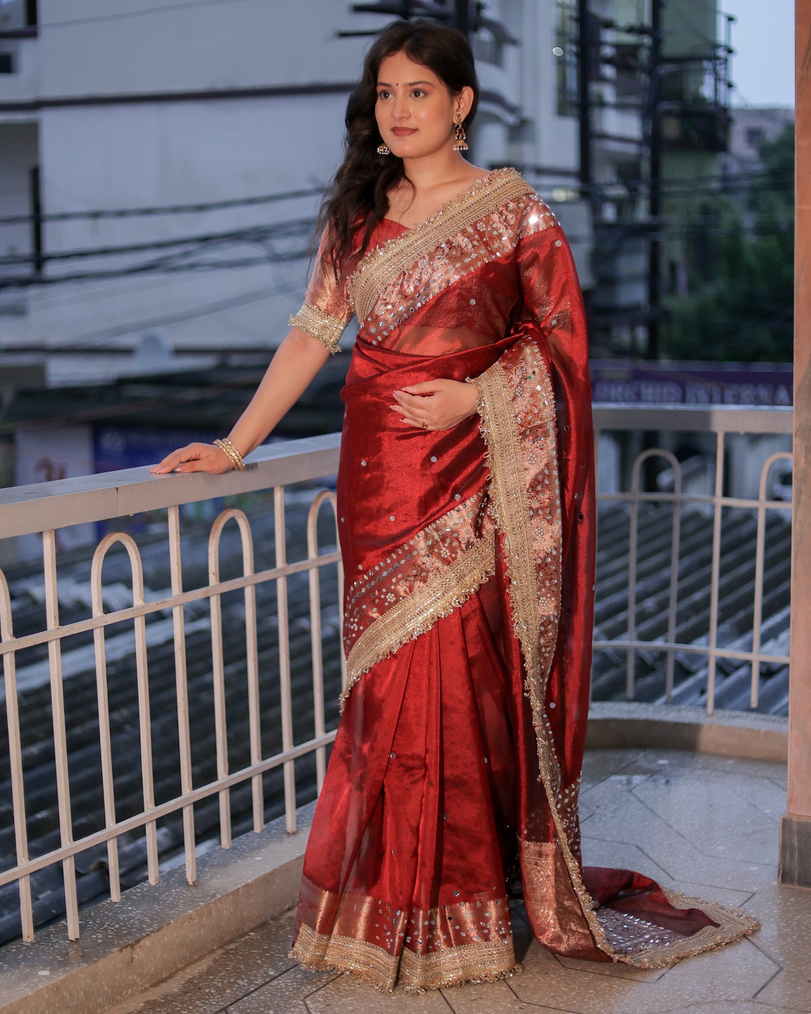 Banarasi Mirror Work Tissue Saree with Lace Border - Maroon