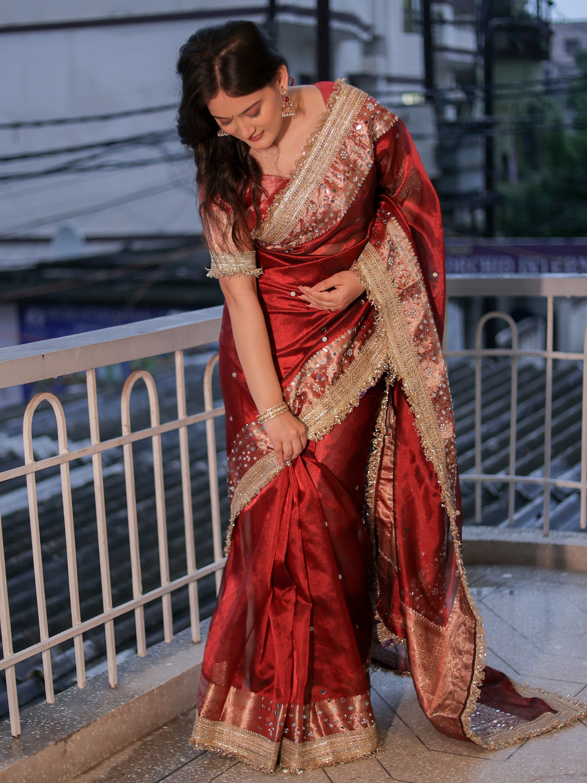 Banarasi Mirror Work Tissue Saree with Lace Border - Maroon