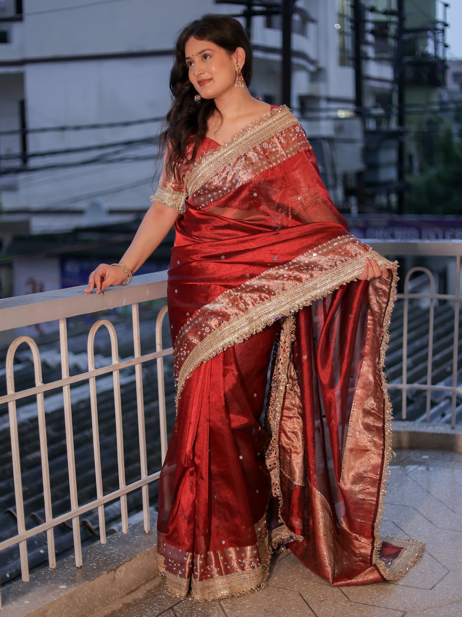 Banarasi Mirror Work Tissue Saree with Lace Border - Maroon