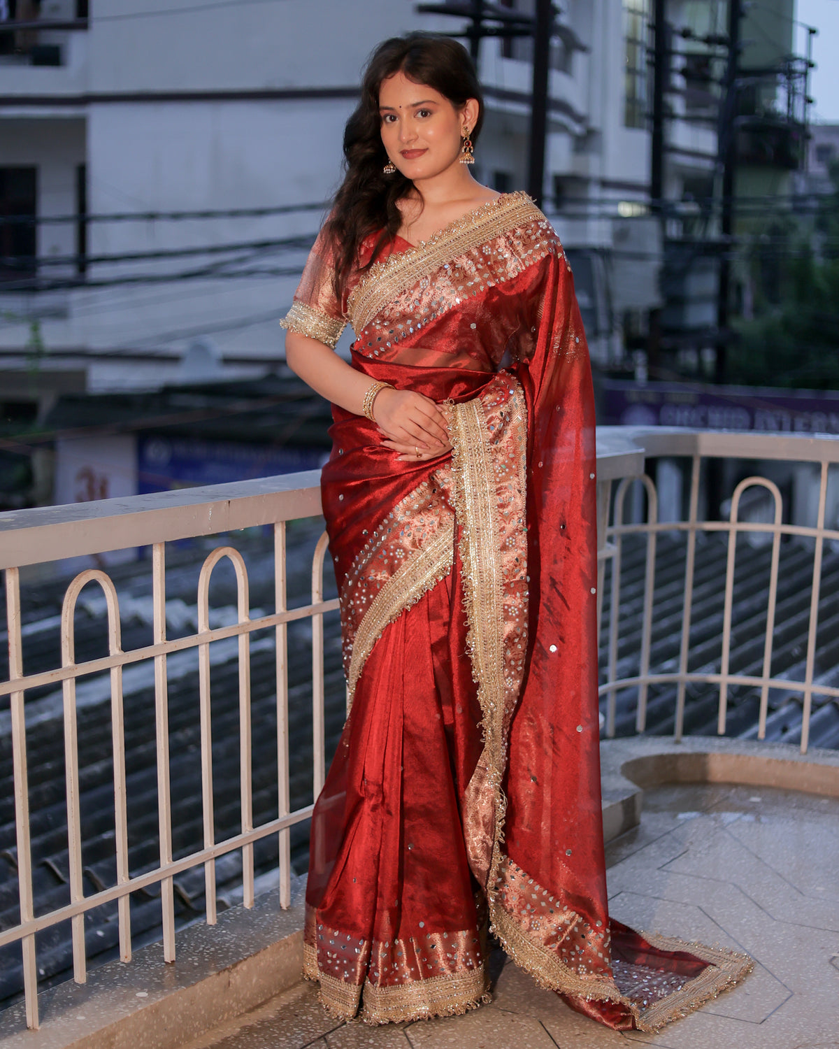 Banarasi Mirror Work Tissue Saree with Lace Border - Maroon