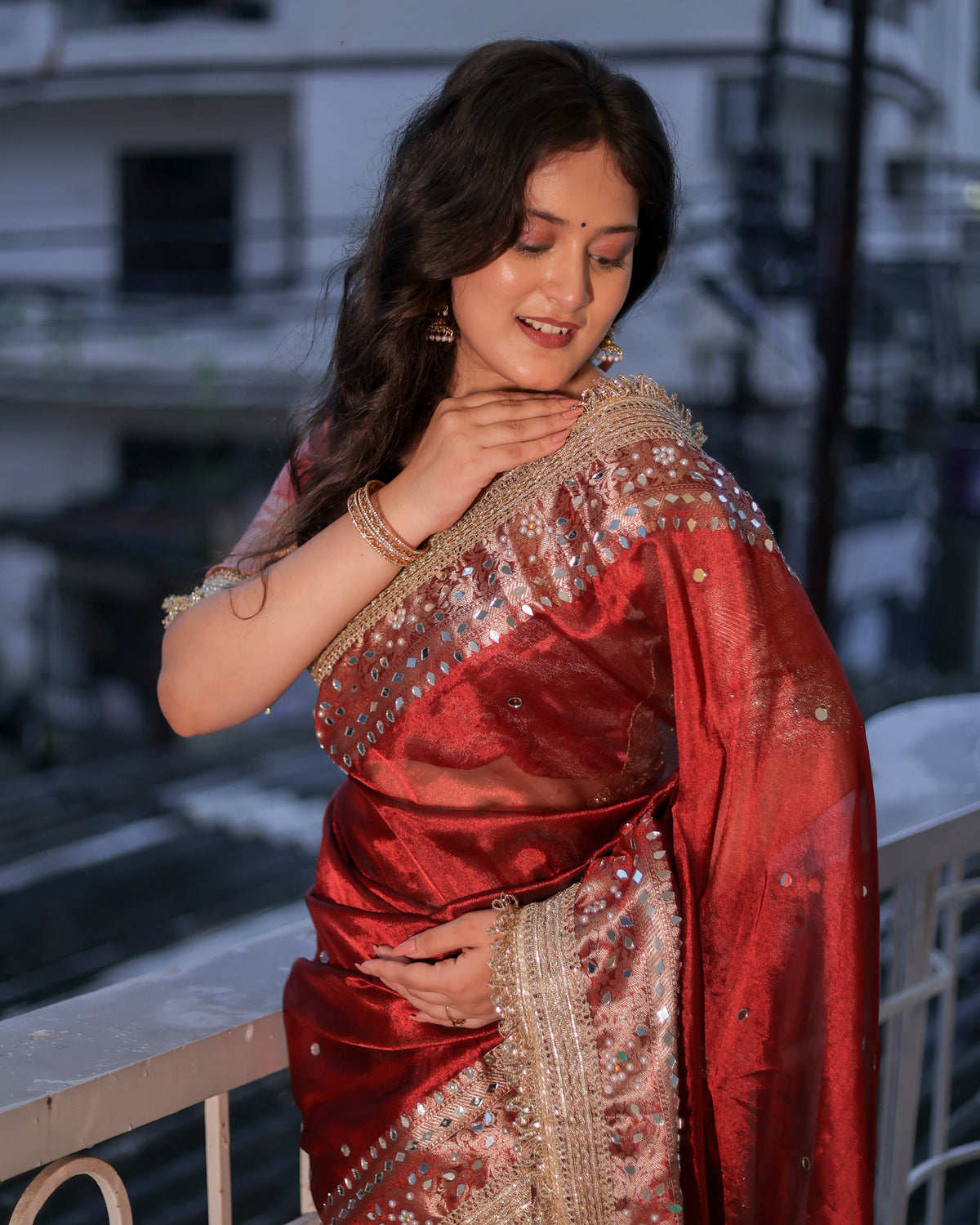 Banarasi Mirror Work Tissue Saree with Lace Border - Maroon