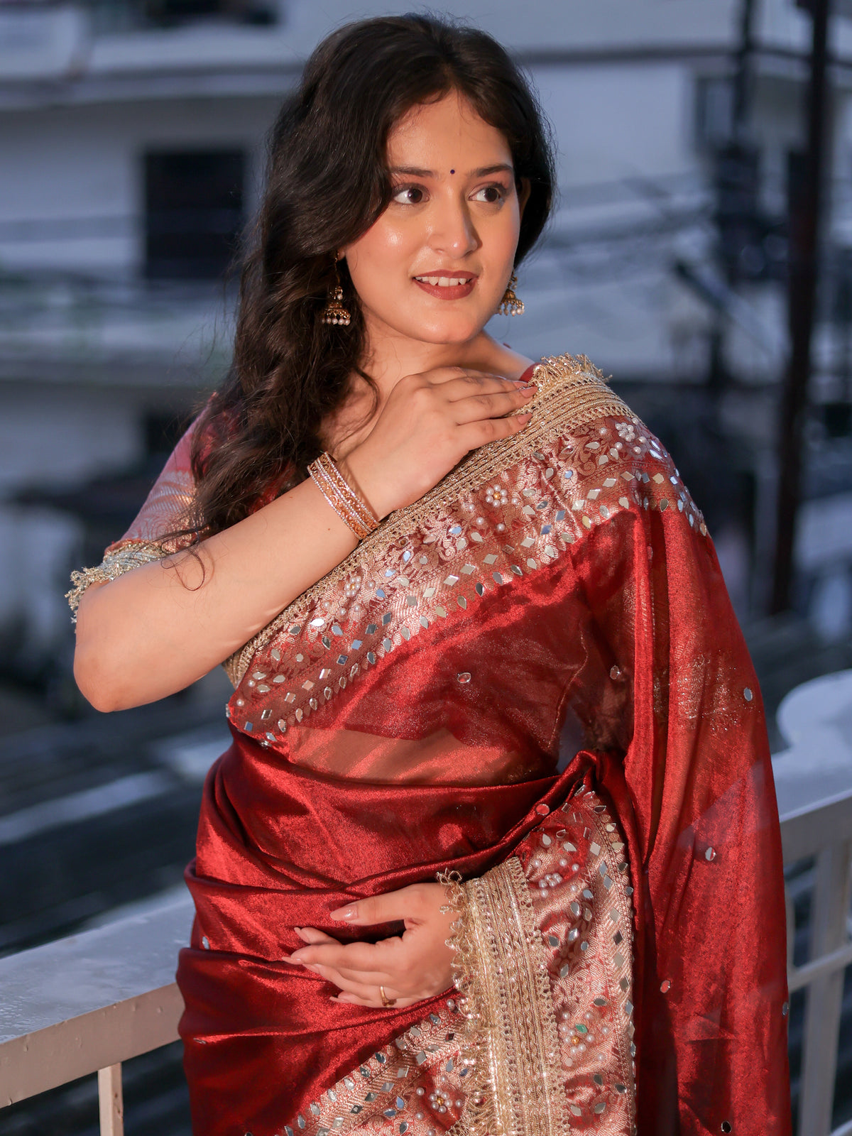 Banarasi Mirror Work Tissue Saree with Lace Border - Maroon