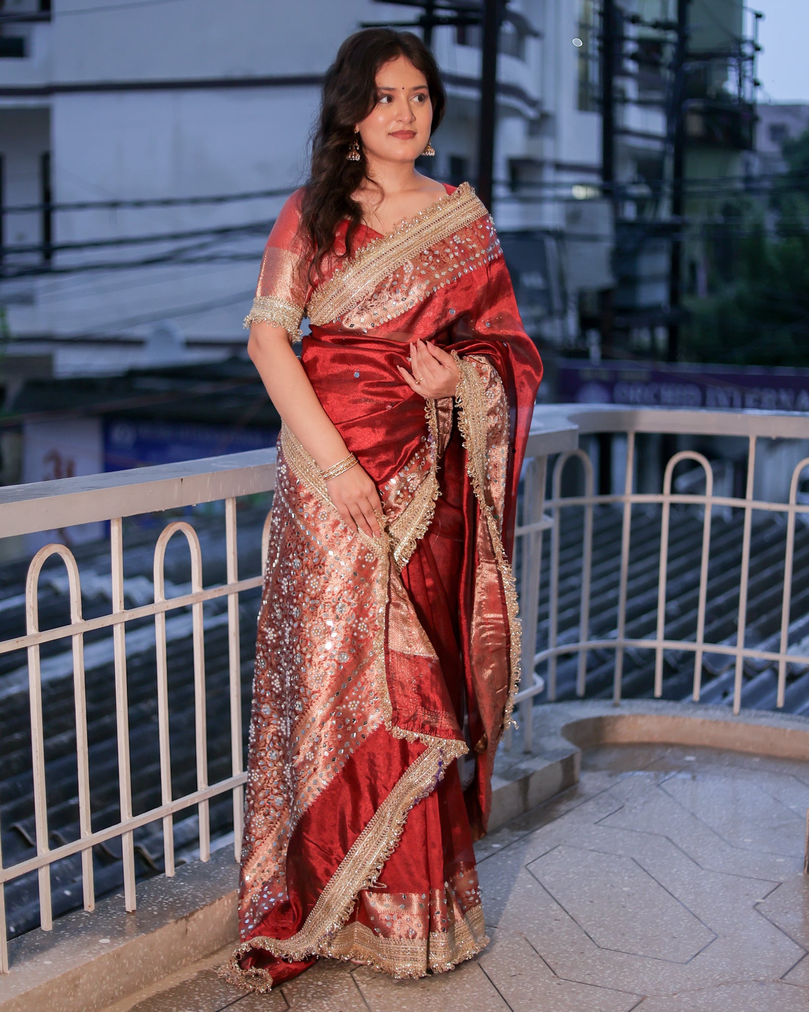 Banarasi Mirror Work Tissue Saree with Lace Border - Maroon