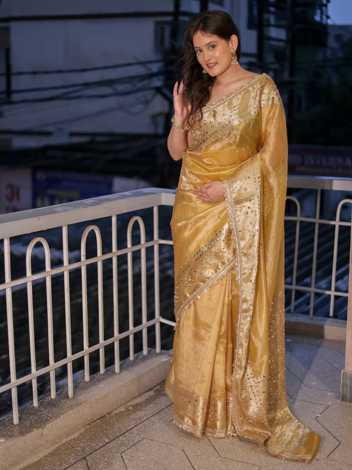 Banarasi Mirror Work Tissue Saree with Lace Border - Yellow