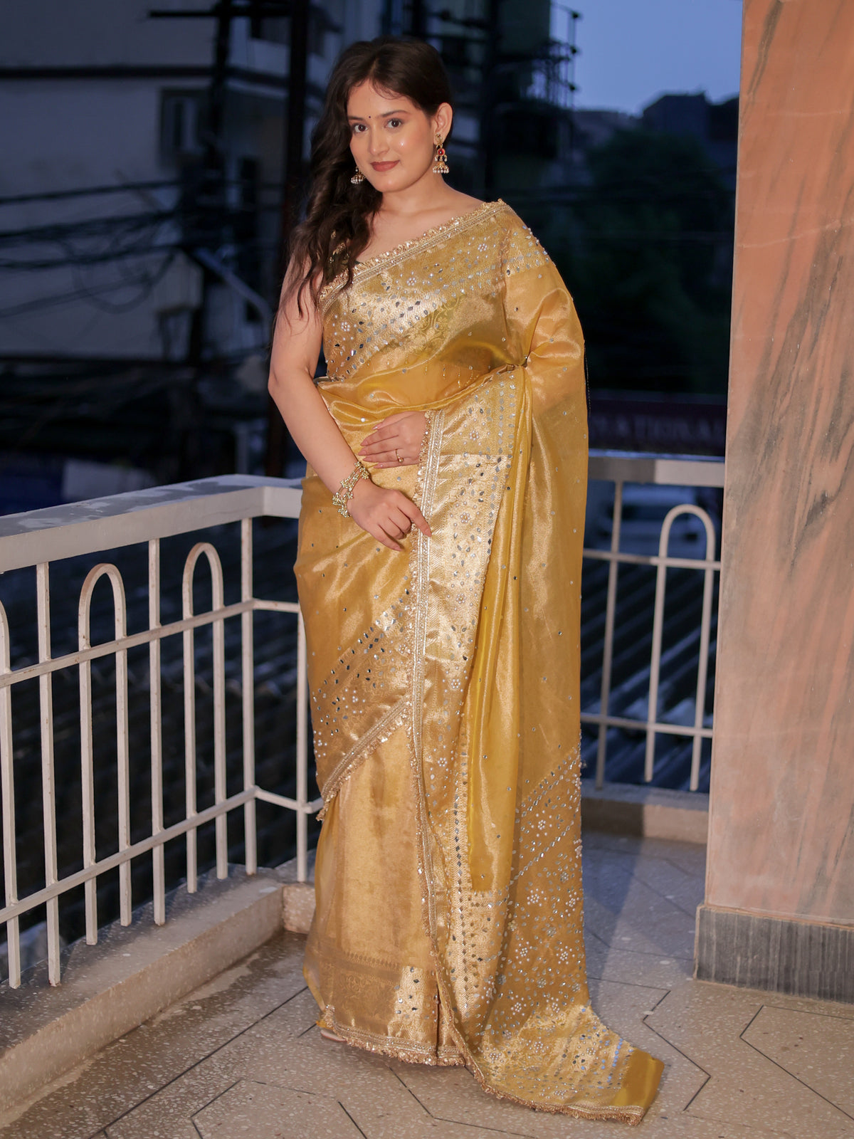 Banarasi Mirror Work Tissue Saree with Lace Border - Yellow