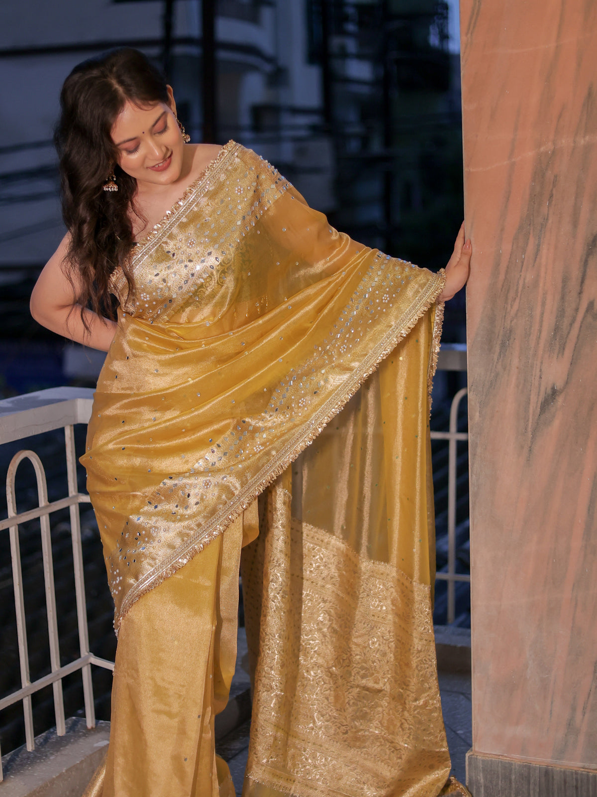 Banarasi Mirror Work Tissue Saree with Lace Border - Yellow