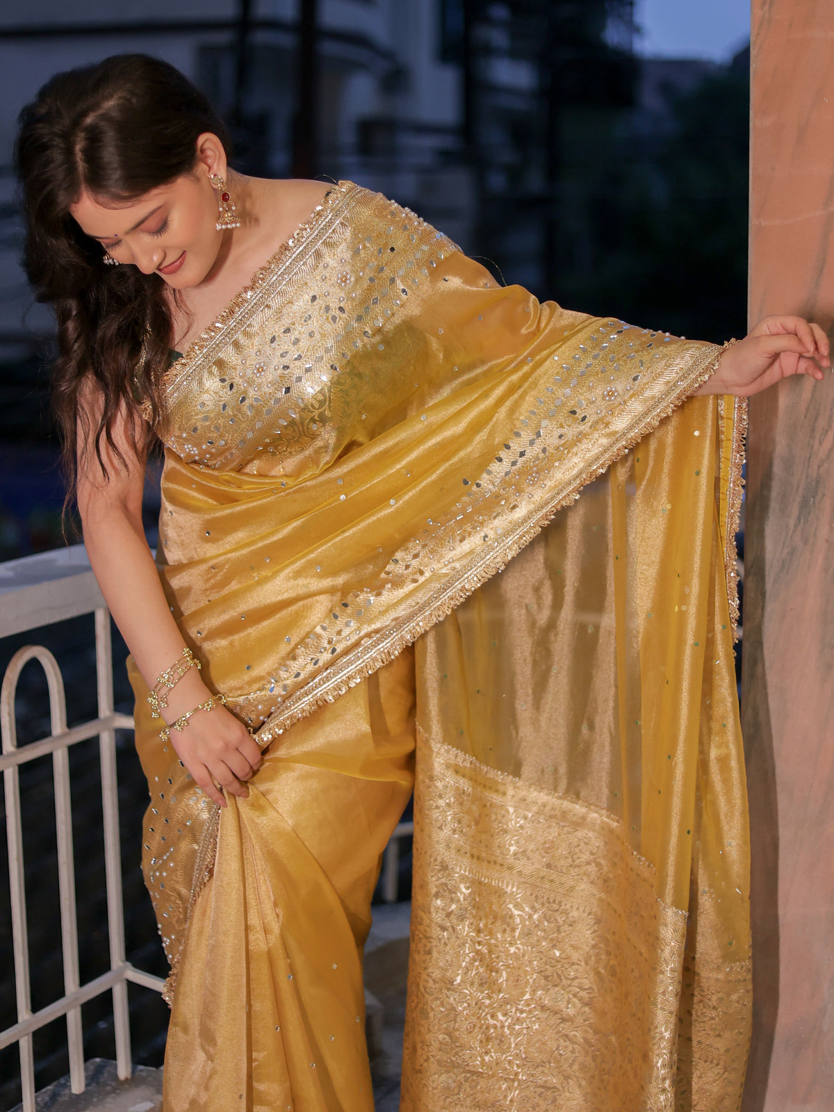 Banarasi Mirror Work Tissue Saree with Lace Border - Yellow