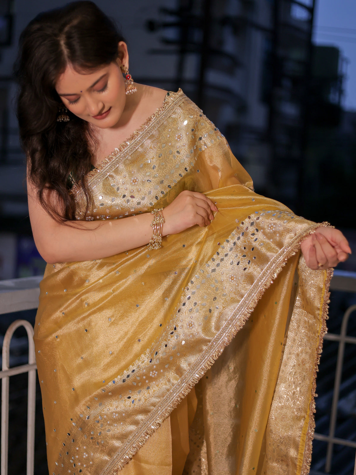 Banarasi Mirror Work Tissue Saree with Lace Border - Yellow