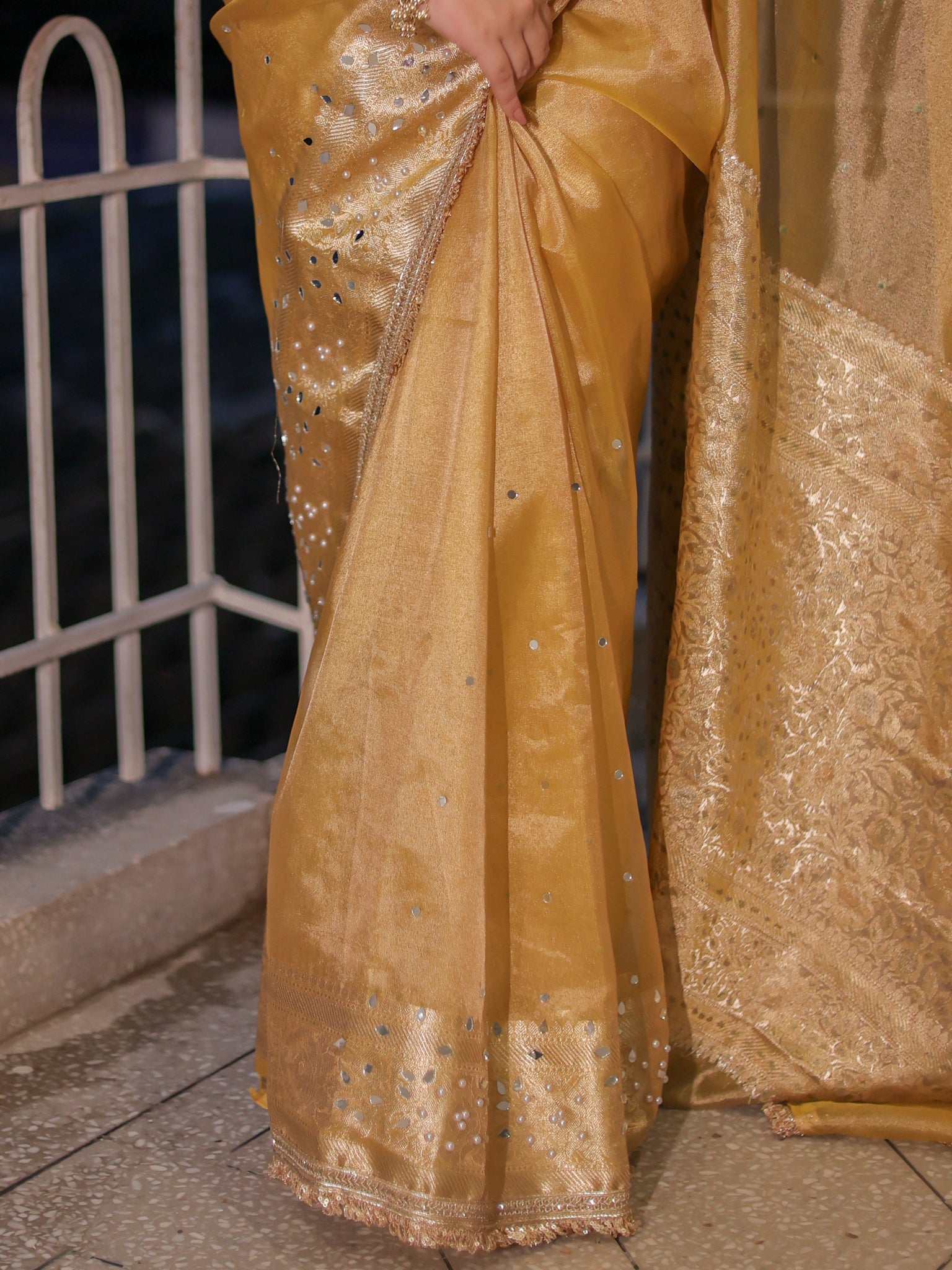 Banarasi Mirror Work Tissue Saree with Lace Border - Yellow
