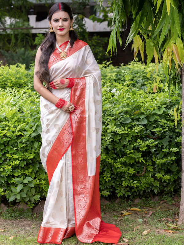 Banarasi Handwoven Pure Chiniya Silk Saree With Gold  Zari Weaving-White & Red