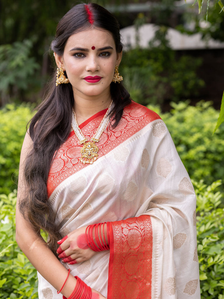 Banarasi Handwoven Pure Chiniya Silk Saree With Gold  Zari Weaving-White & Red