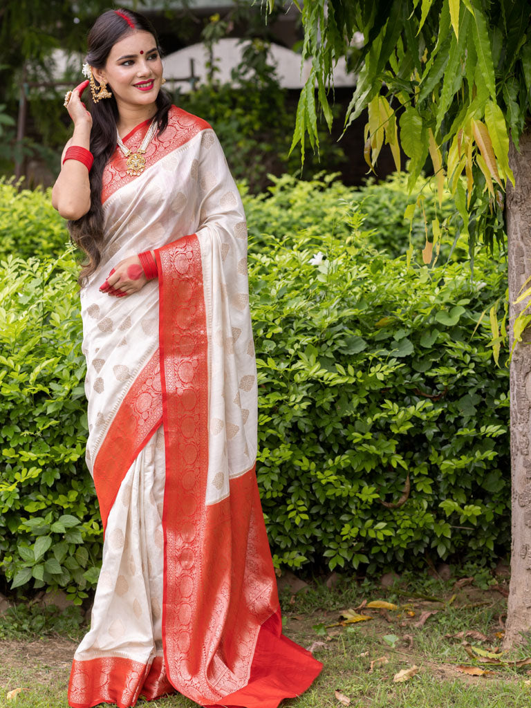 Banarasi Handwoven Pure Chiniya Silk Saree With Gold  Zari Weaving-White & Red