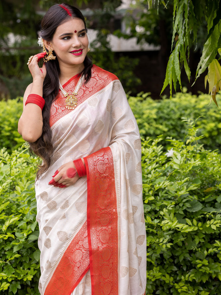 Banarasi Handwoven Pure Chiniya Silk Saree With Gold  Zari Weaving-White & Red