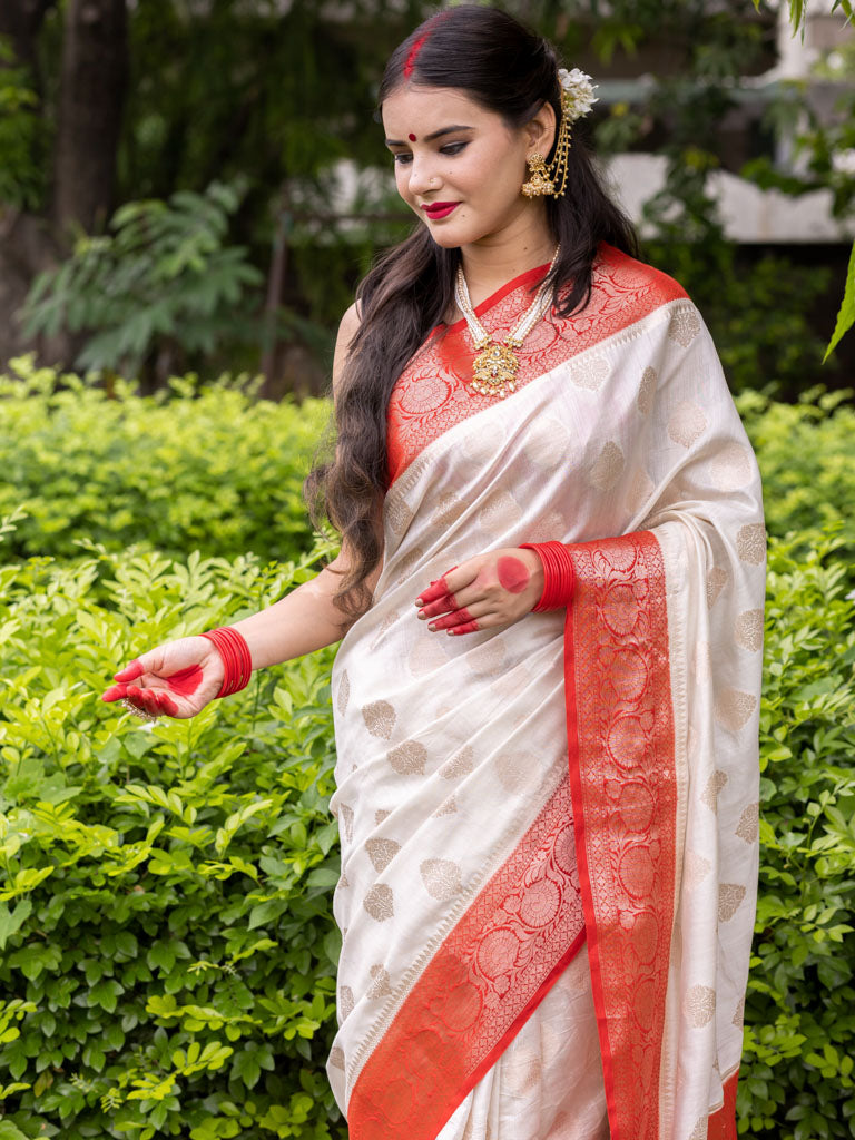 Banarasi Handwoven Pure Chiniya Silk Saree With Gold  Zari Weaving-White & Red