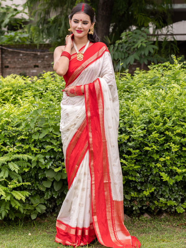 Banarasi Cotton Silk Saree with Satin Contrast Border-White & Red