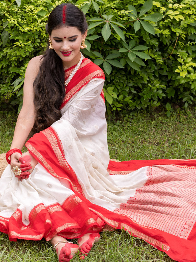 Banarasi Cotton Silk Saree with Satin Contrast Border-White & Red