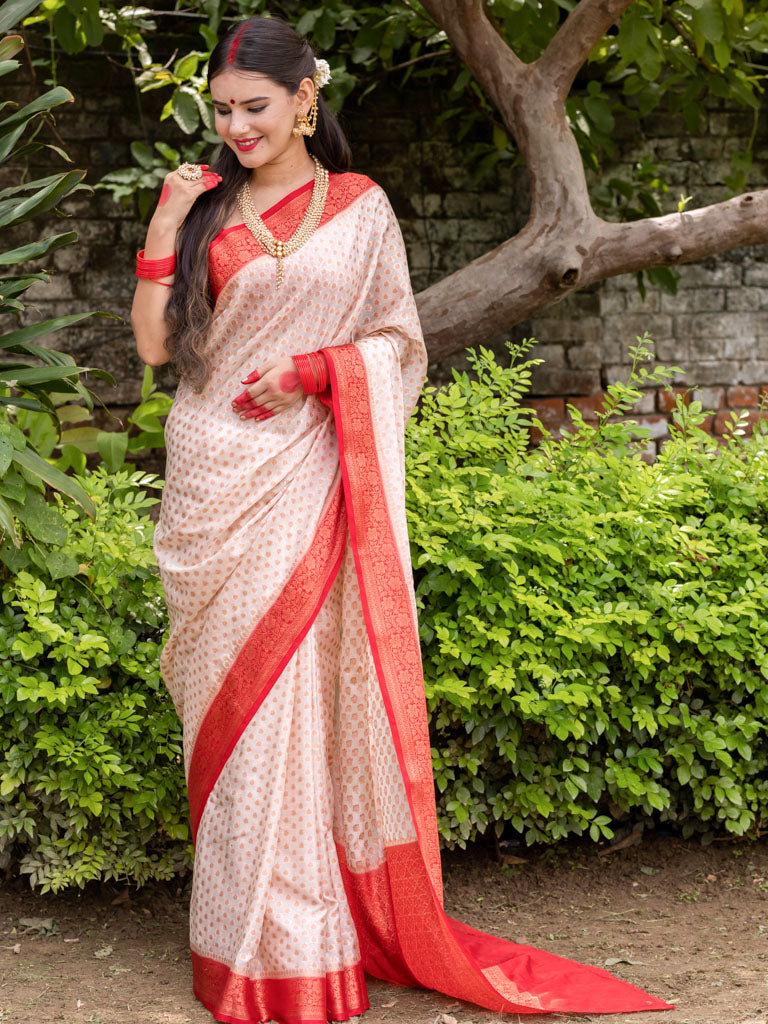 Banarasi Cotton Silk Saree with Buti Weaving& Contrast Border-Off White & Red