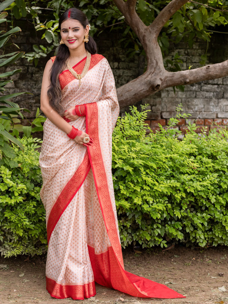 Banarasi Cotton Silk Saree with Buti Weaving& Contrast Border-Off White & Red