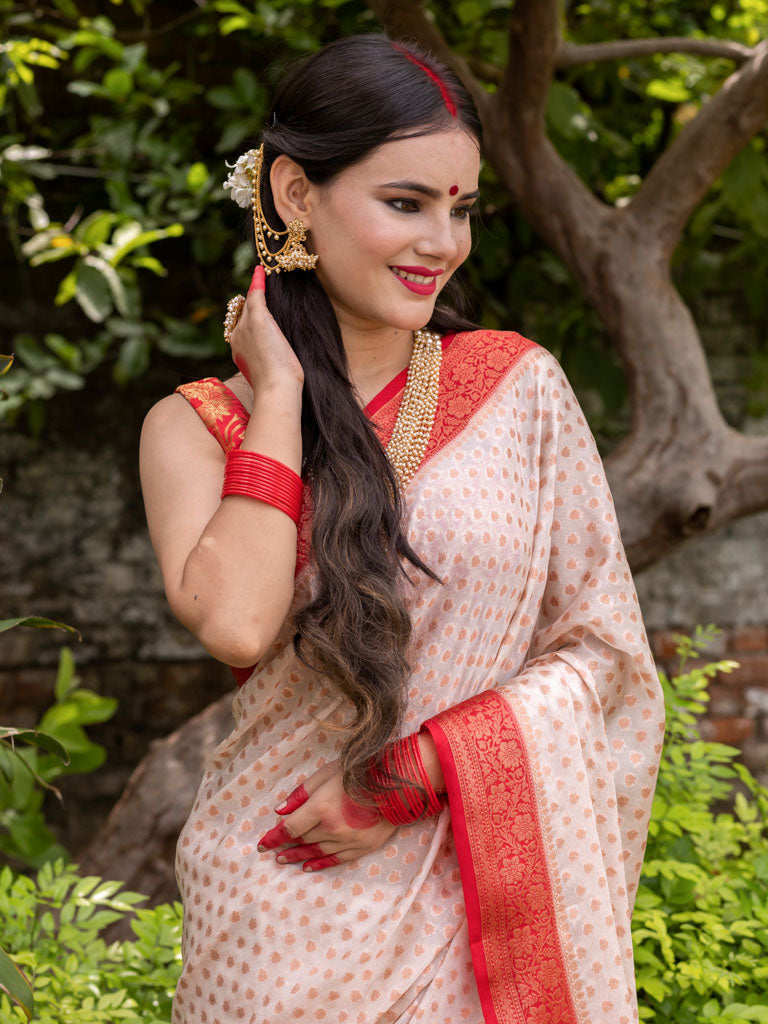 Banarasi Cotton Silk Saree with Buti Weaving& Contrast Border-Off White & Red