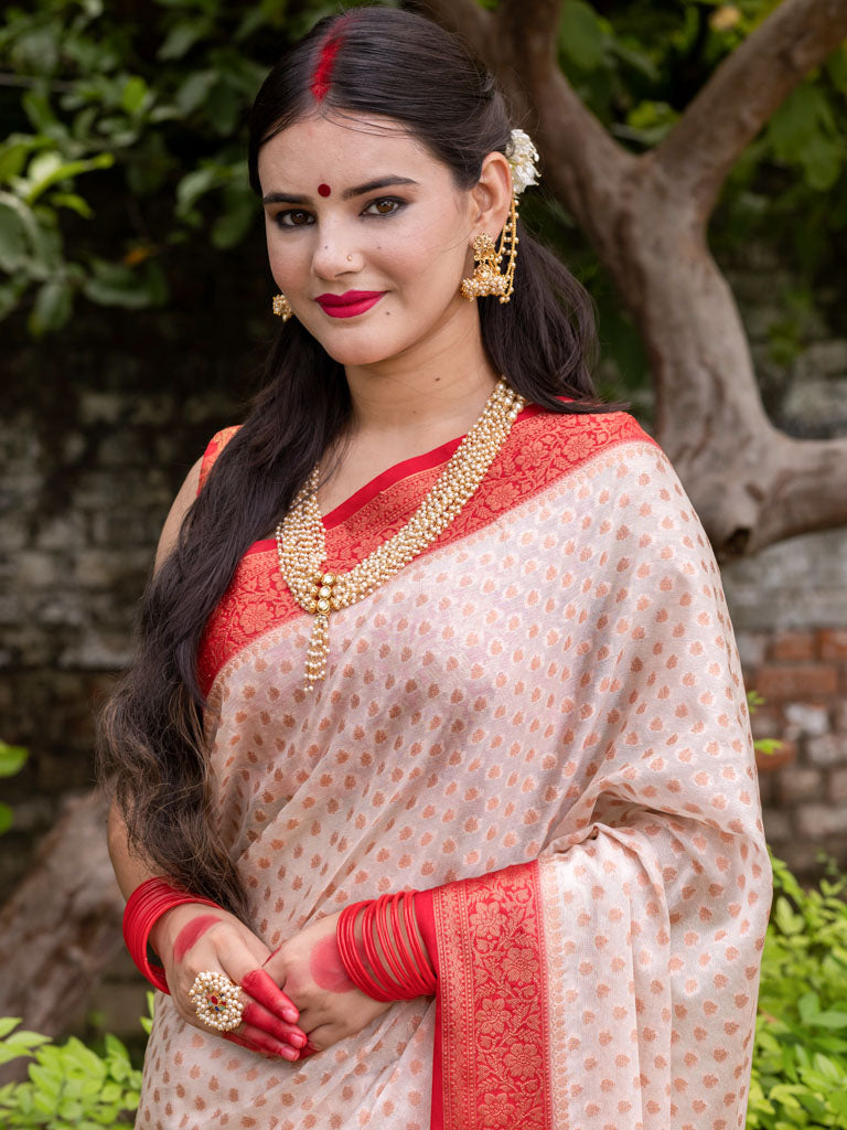 Banarasi Cotton Silk Saree with Buti Weaving& Contrast Border-Off White & Red