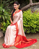 Banarasi Cotton Silk Saree with Buti Weaving& Contrast Border-Off White & Red