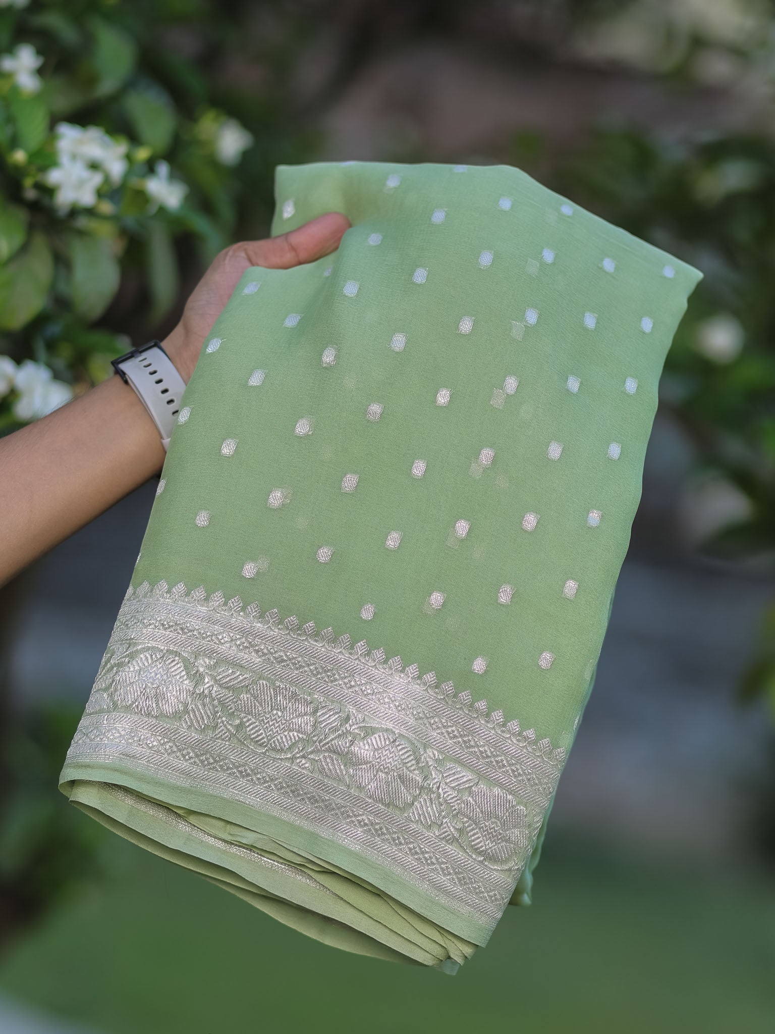 Banarasi Pure Khaddi Georgette Saree With Buti Weaving-Pastel Green