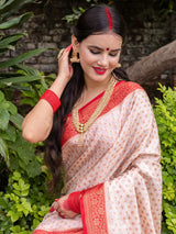 Banarasi Cotton Silk Saree with Buti Weaving& Contrast Border-Off White & Red