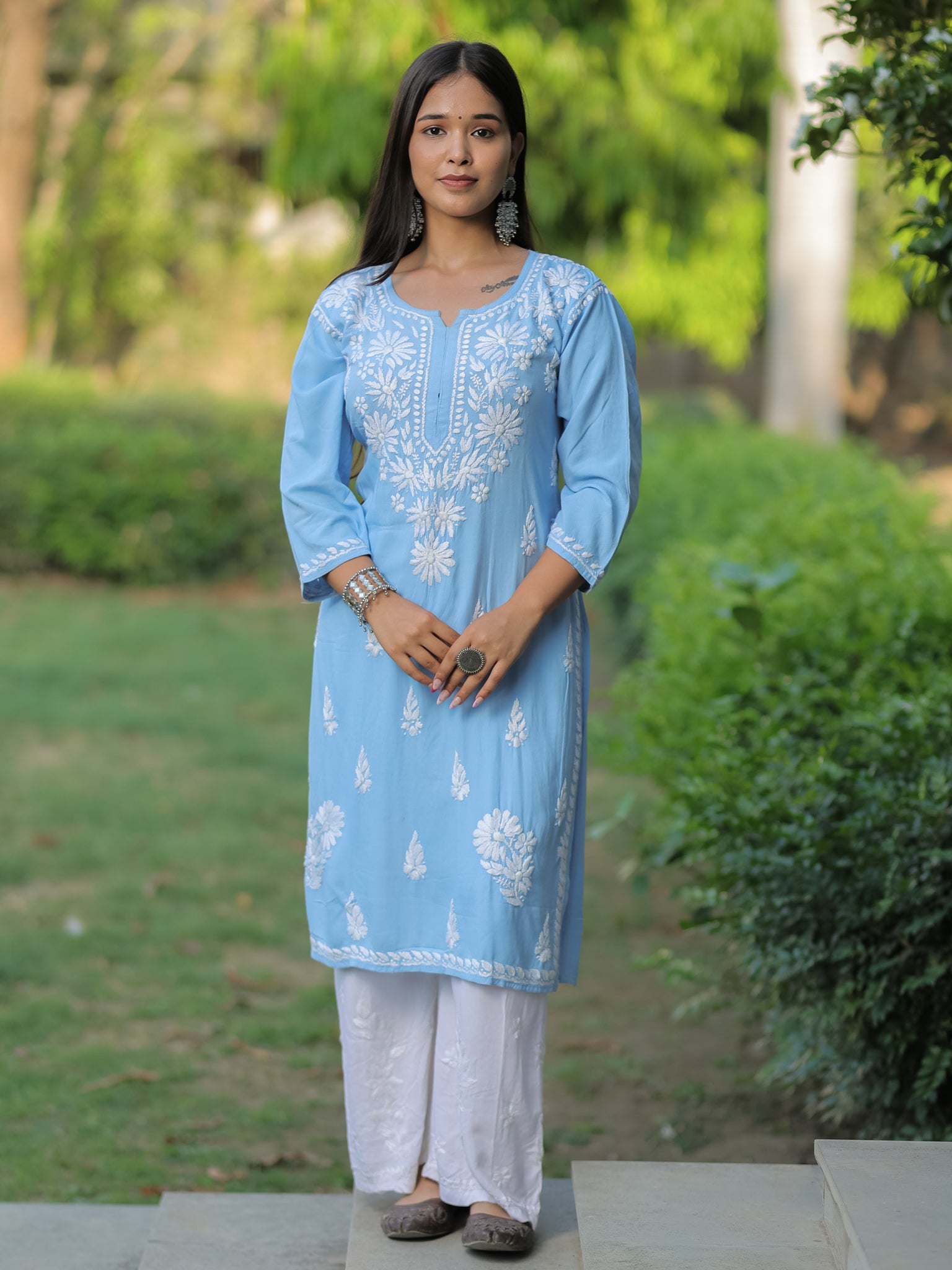 Readymade Floral Heavy Chikankari Rayon Kurti- Sky Blue