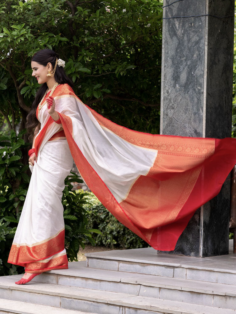 Banarasi Plain Cotton Silk Saree With Contrast Border-White & Red