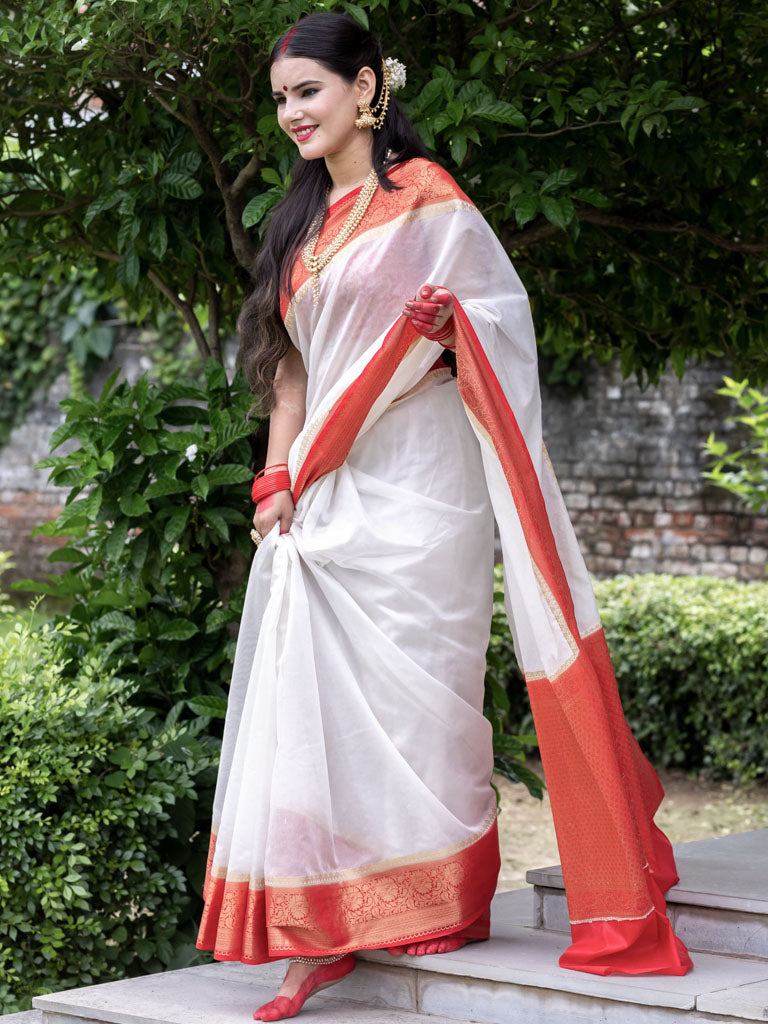 Banarasi Plain Cotton Silk Saree With Contrast Border-White & Red