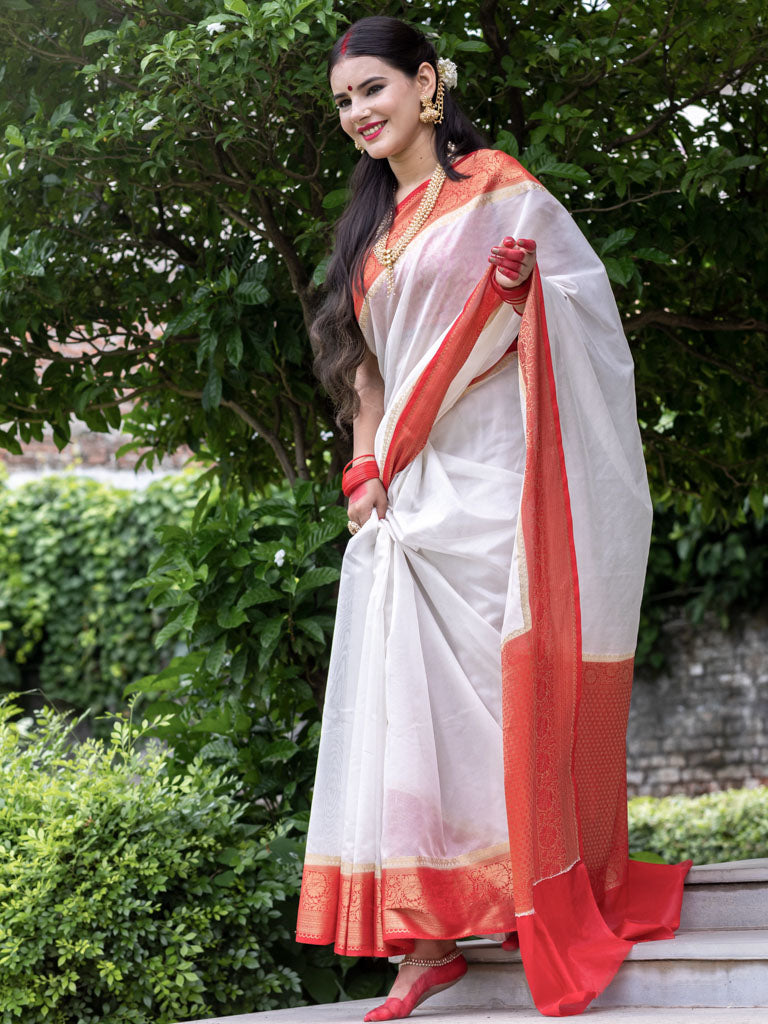 Banarasi Plain Cotton Silk Saree With Contrast Border-White & Red