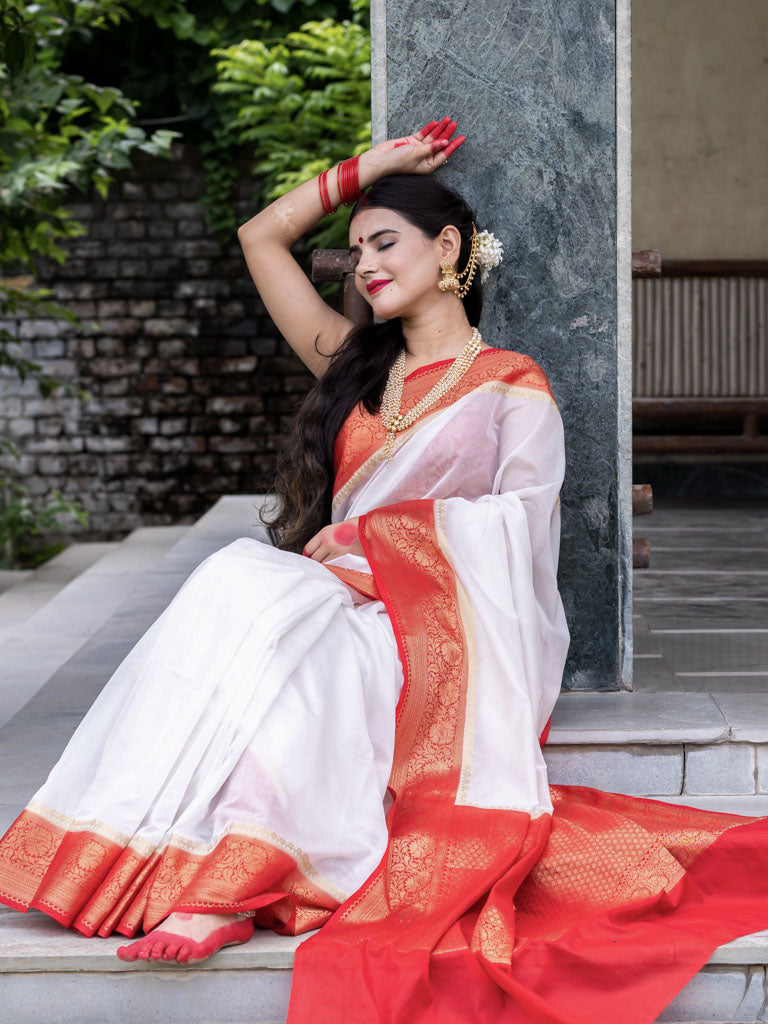 Banarasi Plain Cotton Silk Saree With Contrast Border-White & Red