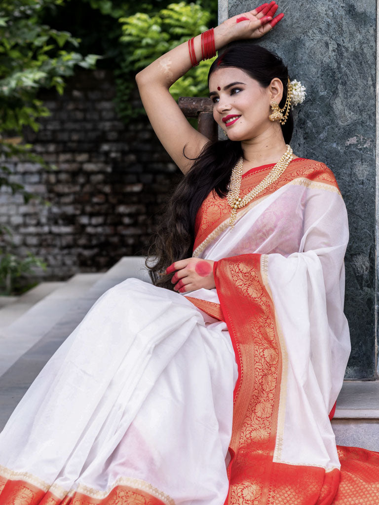 Banarasi Plain Cotton Silk Saree With Contrast Border-White & Red