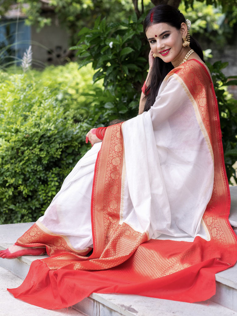 Banarasi Plain Cotton Silk Saree With Contrast Border-White & Red