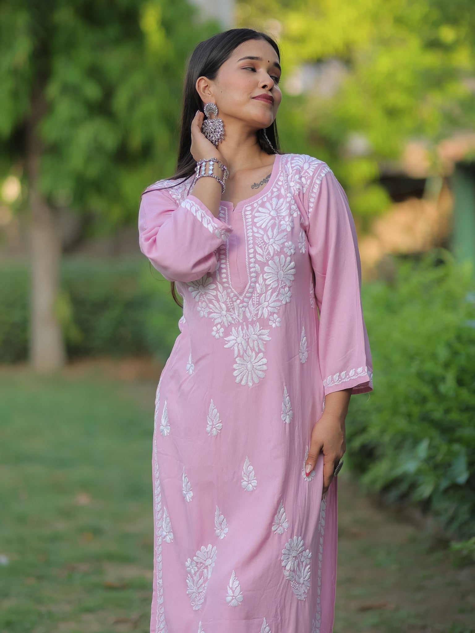 Readymade Floral Heavy Chikankari Rayon Kurti- Pink