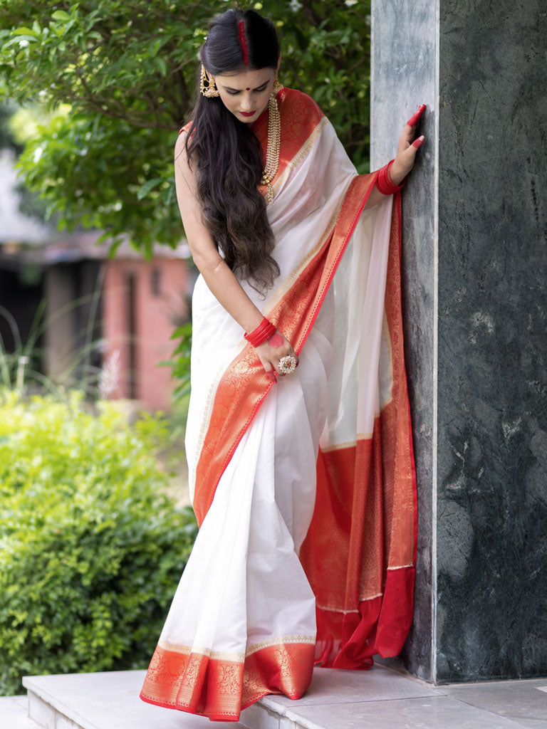 Banarasi Plain Cotton Silk Saree With Contrast Border-White & Red