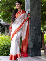 Banarasi Plain Cotton Silk Saree With Contrast Border-White & Red