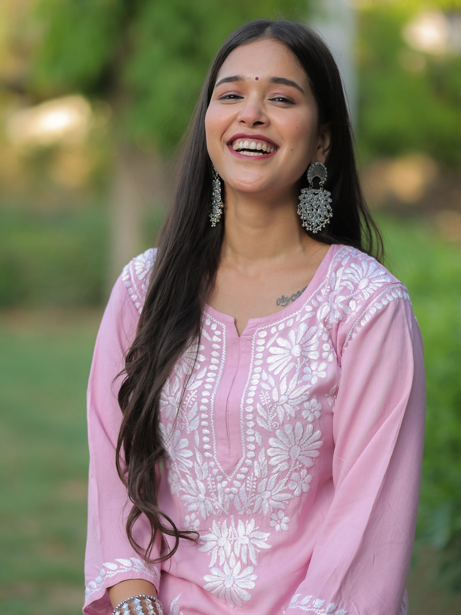 Readymade Floral Heavy Chikankari Rayon Kurti- Pink