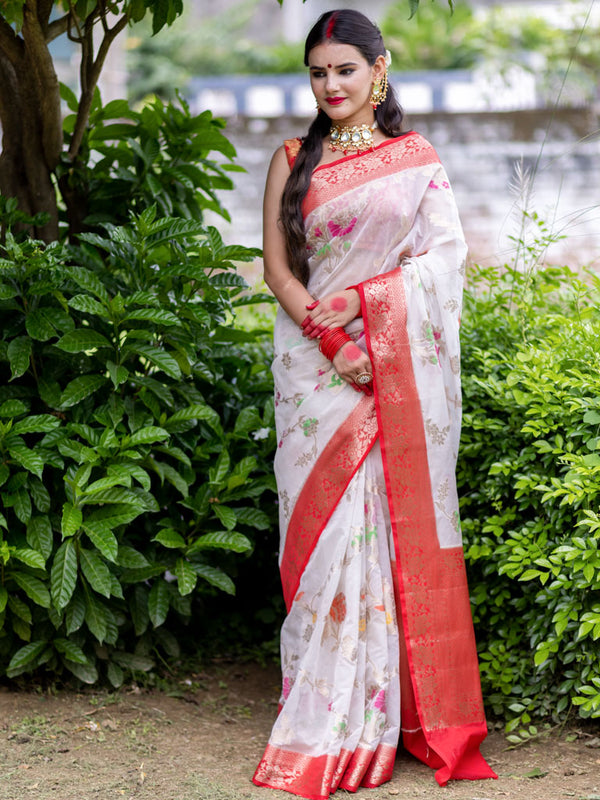 Banarasi Cotton Silk Saree with Meenakari Jaal Weaving& Contrast Border-Off White & Red