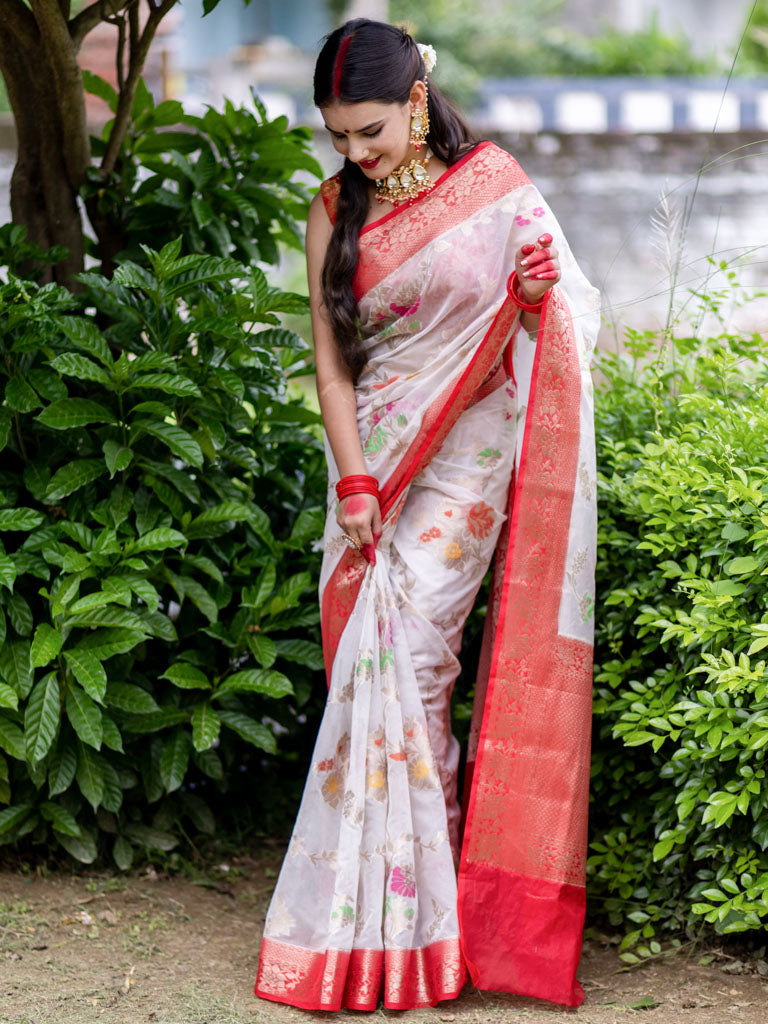 Banarasi Cotton Silk Saree with Meenakari Jaal Weaving& Contrast Border-White & Red