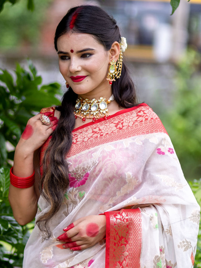 Banarasi Cotton Silk Saree with Meenakari Jaal Weaving& Contrast Border-White & Red