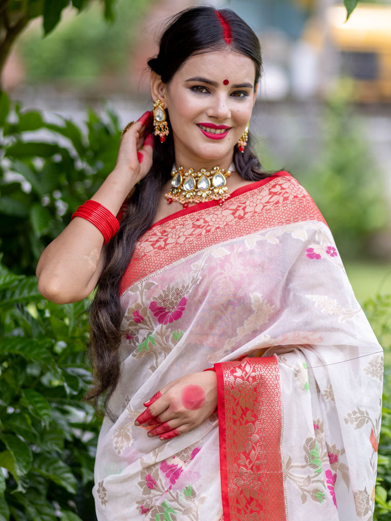 Banarasi Cotton Silk Saree with Meenakari Jaal Weaving& Contrast Border-White & Red