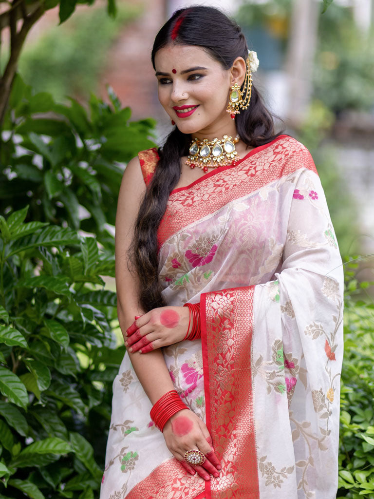 Banarasi Cotton Silk Saree with Meenakari Jaal Weaving& Contrast Border-White & Red